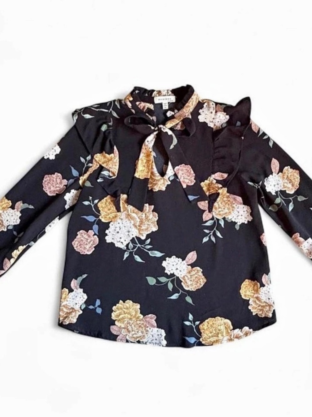 monteau Floral Tie Neck Blouse in Black & Pink Size Medium